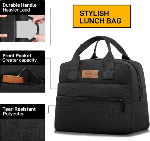 HOMESPON Insulated Lunch Bag for Women Men Cooler Lunch Box Tote for Work Picnic (Black)