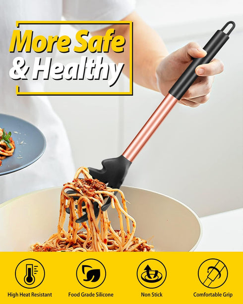 Pack of 2 Silicone Pasta Forks - Heat Resistant Noodle Spoon Server, BPA Free Spaghetti Strainer, Cooking Tools (ROSE