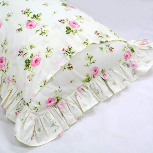 FADFAY Farmhouse Style Pillowcases, Pink Rosetta Printed Gold with Green Plaid, 100% Cotton Vintage Lace Ruffles