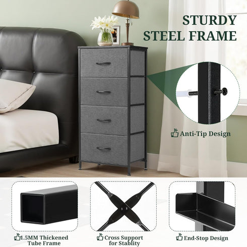 4 Closet, Nightstand, Drawer Dresser End Table Bedside Furniture with Wooden Top Steel Frame Fabric Bins for Bedroom