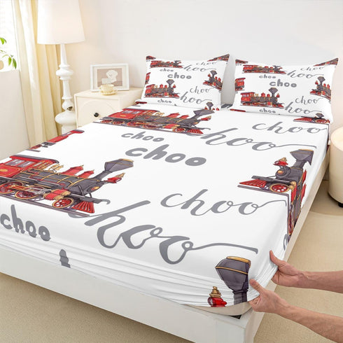 Set Set Cartoon Car Bed Sheet Kids Train Fitted Sheet Boys Girls Choo-Choo Rail Roads Tracks Decor Bedding Microfiber