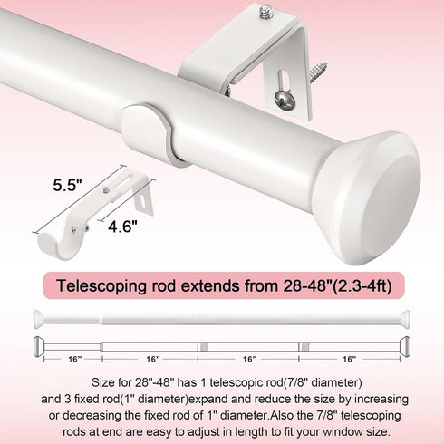 Heavy Duty Curtain Rods for Windows: 1 Inch Adjustable White Curtain Rods for 28 to 48 Inch Windows