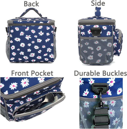 FlowFly Insulated Reusable Lunch Bag, Large Lunch Box for Women and Men, Daisy with Adjustable Shoulder Strap