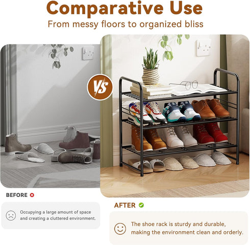 Closet, 3 Shoe Rack Tier Stackable Metal Shoe Shelf Organizer for Entryway, Stackable Heavy Duty & Adjustable, Black