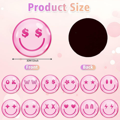 Whaline 12Pcs Pink Smile Face Resin Refrigerator Magnets Pink Preppy Decorative Fridge Magnetic Stickers Cute Locker Magnets for Kitchen Dishwasher Mailbox Metal Door Cabinets