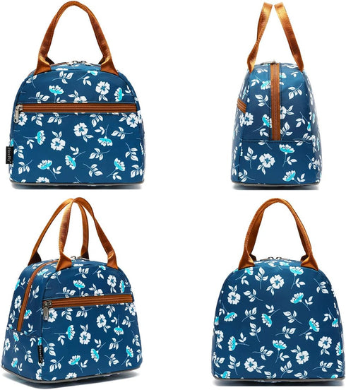 FlowFly Insulated Lunch Cooler Bag - Floral Tote Bag Organizer for Women/Men, White