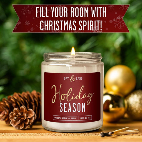 Holiday Candles - Christmas Scented Soy Candle ‘Holiday Season’ with Apple, Cinnamon & Clove - 9oz, 50Hr, Made in USA