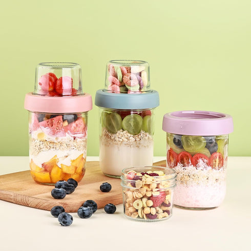 6 Pack 16 OZ Wells Overnight Oats Containers with Lids, Dual Layer Yogurt Containers with Dry and Wet Separation