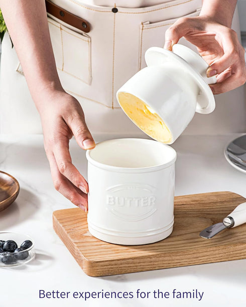 250g 5.12" Countertop, Besmeety Butter Crock, Large Butter Dish with Lid for Suit For Housewarming (White, Extra Large)