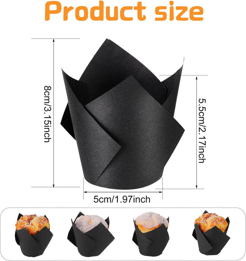 Jutom 200 Pack Tulip Cupcake Liners Paper Baking Cups Greaseproof Muffin Liners Grease Resistant Cupcake Wrappers for Weddings Birthday Baby Showers Cake Balls Muffins Candy Jelly Party (Black)