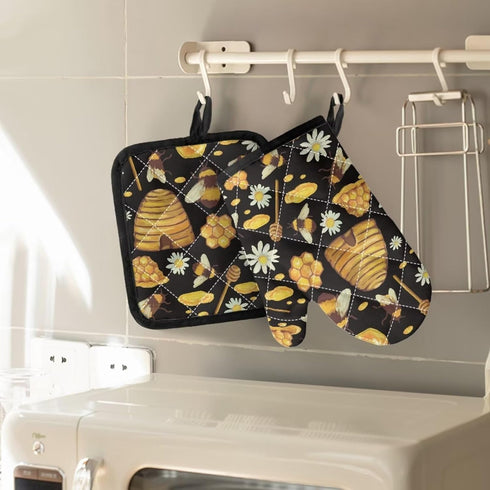 GIFTPUZZ Bee Oven Mitt Pot Holder Set of 2, Heat Resistant Heavy Duty Gloves + Thick Hot Mats for Kitchen