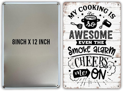 QIONGQI Funny Kitchen Quote Metal Tin Sign, My Cooking is Awesome Retro Wall Decor for Home Kitchen