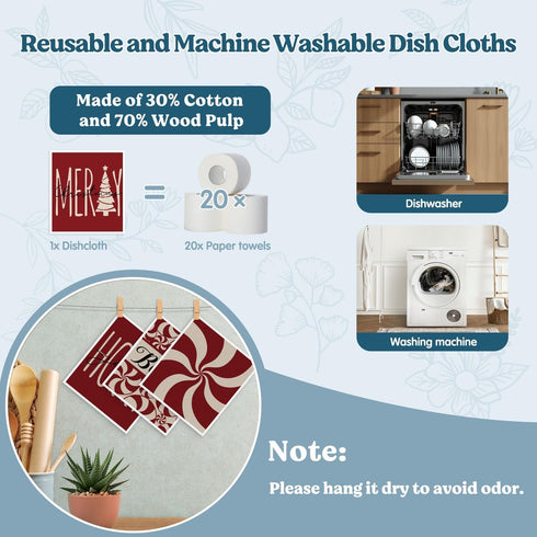 VONTP 4 Pack Swedish Dishcloths for Kitchen, Christmas Xmas Red Dish Rags Kitchen Dish Towels for Washing Dishes
