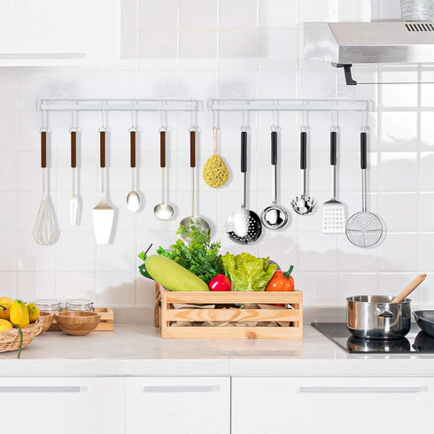 YiZhi Wall Mounted Adhesive Hooks Rack, Space Saving Utensil Holder with 6 Hooks, No Drilling, Pack of 2 (White)