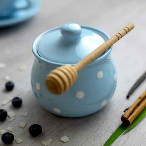 City to Cottage Ceramic Sugar Bowl with Lid, 10oz Container for Coffee Bar, Handcrafted Sky Blue Polka Dot