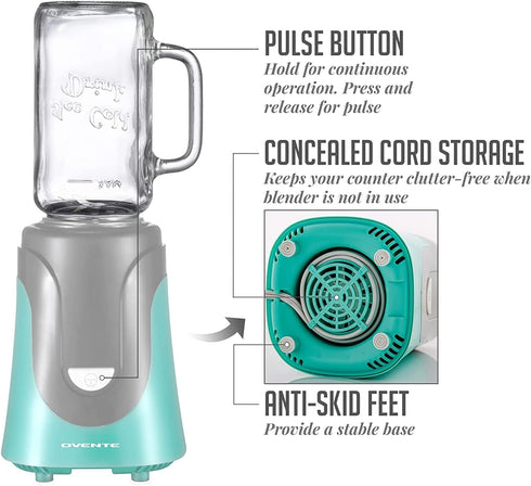 OVENTE Electric Personal Portable Blender, 18 Ounce Drink Mixer, Frozen Margarita, Shake & Smoothie Maker, Glass Jar with Stainless Steel Blades and 300-Watt Base, Compact BPA-Free, Turquoise BLH1002T by OVENTE