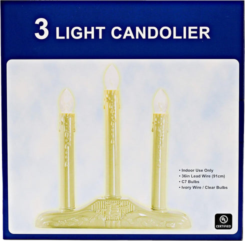 Creative Hobbies 3 Light Electric Candolier, Indoor Christmas Candle Lamp, Ivory Plastic with Clear Bulbs