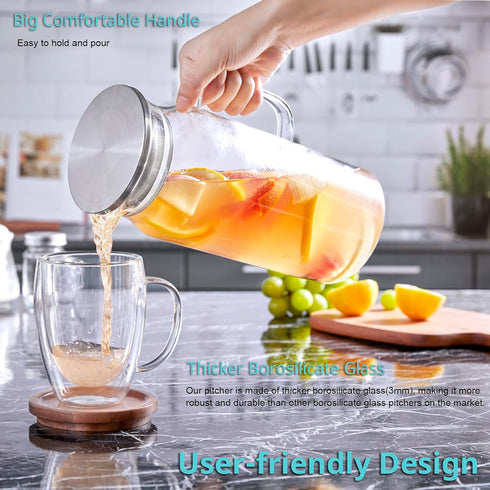 2 68 oz Bivvclaz Liter Glass Pitcher with Lid and Handle, Glass Carafe for Hot/Cold Water, Large Iced Tea Pitcher