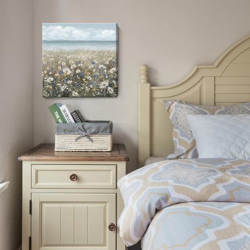Canvas Wall Art Beach Floral Picture, Coastal Boho Farmhouse Nautical Sea Ocean Wildflowers Vintage Artwork