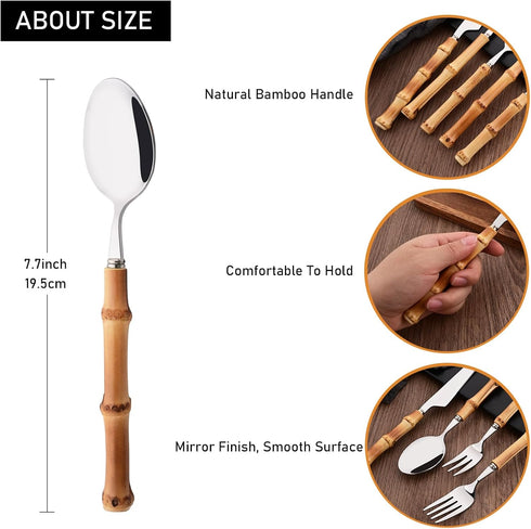8-Piece Natural Bamboo Dinner Spoon Set, Stainless Steel Spoons with Bamboo Handle for Home Kitchen Restaurant, Mirror Polished Spoons With Bamboo Effect Handle, 8.03 inch
