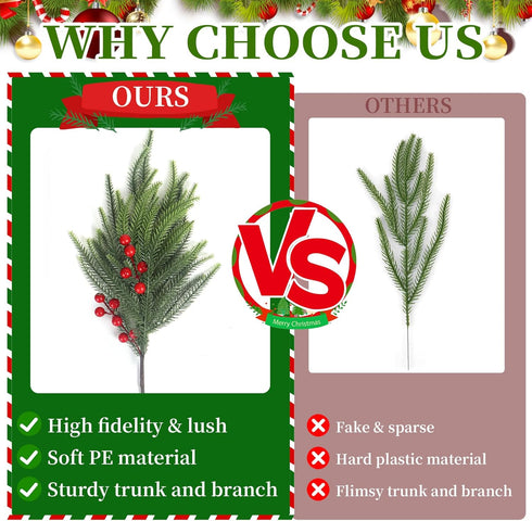 12Pcs Christmas Norfolk Pine Stems with Red Berries, Real Touch Artificial Norfolk Pine Branches for Vase,DIY Crafts