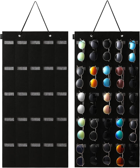 Sunglasses Organizer Storage, Hanging Eyeglasses Wall Pocket Mounted, 25 Slots, Large, Black