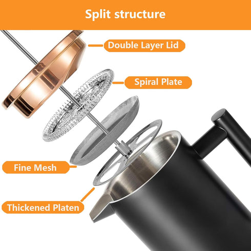 1500ml, 50oz, Stainless Steel French Press Coffee Maker Black Double-Wall Insulated Large French Coffee Press