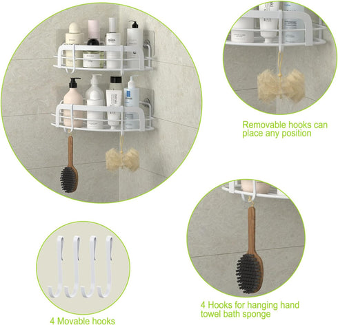 2-Pack 4 SUS304 STEUGO Corner Shower with Hooks Adhesive, Bathroom Shower Rack Rust Resistant Stainless Steel for Dorm