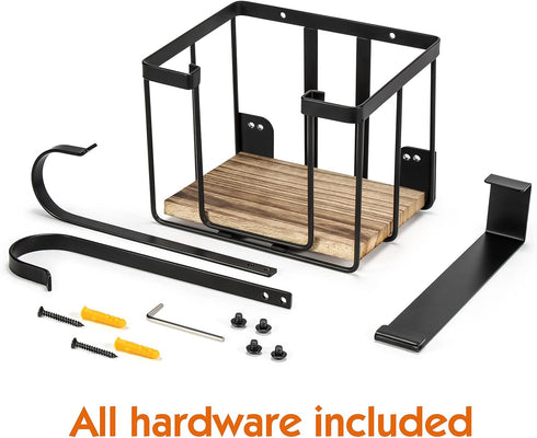 Wall Mount/Over The Door Ironing Board Holder, Large Storage Basket, Black, Laundry Room Iron and Board Storage