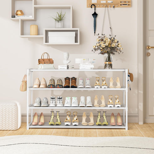 4 2 Closet 26Pairs, LUKYTOWER Extra Long Shoe Rack Tier Shoe Storage Organizer with Hooks, Wide Stackable Shoe