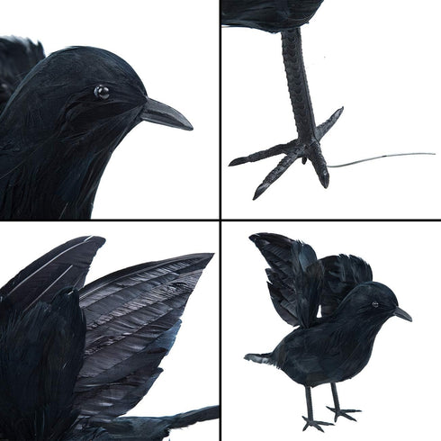 3-Pack Realistic Handmade Black Feathered Crow Prop for Halloween Party Decoration, Indoor and Outdoor Use