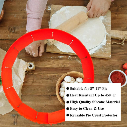 Adjustable Silicone Pie Crust Shields, Baking Protectors Cover Ring Fits 8-11.4 Inch Pies (Red-1Pcs), LYRAIN-119