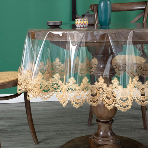 43 inch, Jeloris Plastic Clear Round Tablecloth Vinyl PVC Waterproof Tablecloth Embroidered Lace Edge Transparent Table
