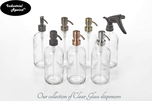 Industrial Rewind Clear Glass Soap Dispenser, 16oz Refillable Liquid Soap Pump Bottle for Bathroom Vanity, Kitchen