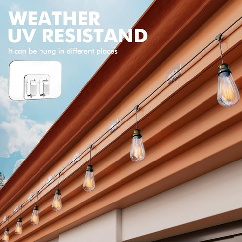 Hooks for Outdoor String Lights, 100 Pack with Adhesive Strips, No Damage, Waterproof and UV-Resistant