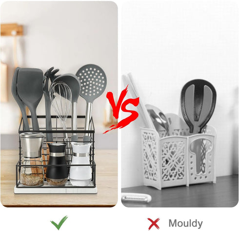 Metal Utensil Holder for Kitchen Counter - Large Organizer with Salt and Pepper Shakers, Marble Base