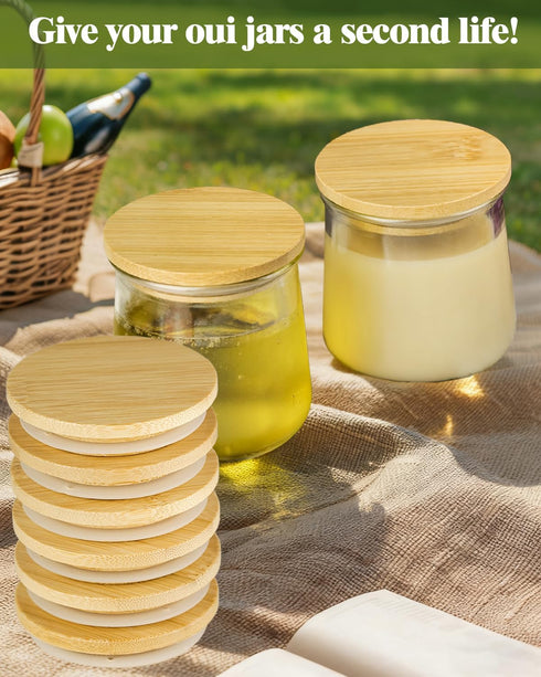 8 Pack 8 5Oz Oui Yogurt Jar Lids with Labels, Food-Grade Bamboo Lids for Oui Yogurt Jars, Reusable Wooden Canning
