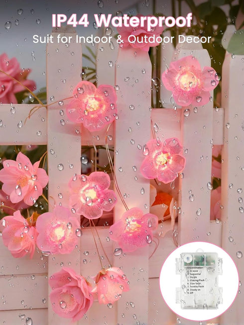 8 10ft 30 Cherry Blossom Flower String Lights for Bedroom, Pink Fairy Lights Battery Operated with Remote & Modes