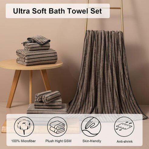 8 Set-2 Towels,2 Towels,4 600GMS Pcs Polyester Brown Cabana Stripe Large Bath Towel Bathroom Hand Washcloths