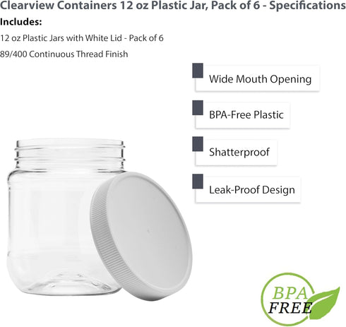 Plastic Storage Jars with Leak Proof Lids, BPA Free, Hand Wash Only (12oz Jar, 6PK)