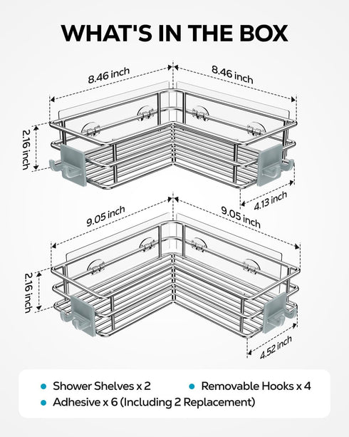 2 Pack) Nieifi Corner Shower Shelves Stainless Steel, Adhesive Shower Caddy Basket Rack with Hooks, Rust Proof
