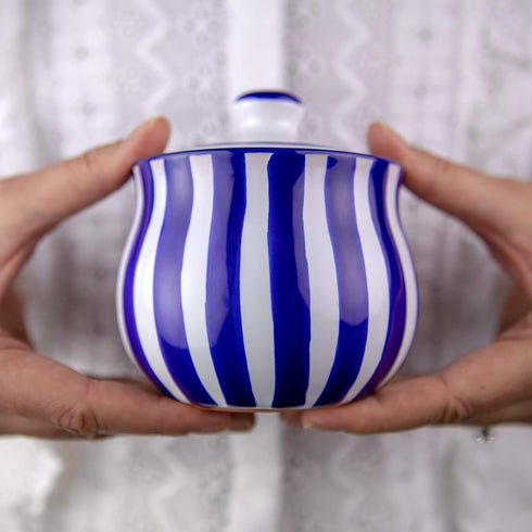 City to Cottage Ceramic Sugar Bowl with Lid, 10oz Sugar Container for Coffee Bar, Handcrafted Blue Stripe Coastal Sugar