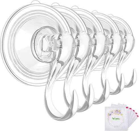 VIS'V Heavy Duty Large Suction Cup Hooks with Wipes, Removable & Reusable, Clear, 5 Pcs