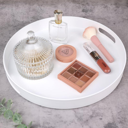 13 Round White Decorative Serving Tray with Handles, Versatile Ottoman Tray for Coffee Table, Entertaining, Outdoor