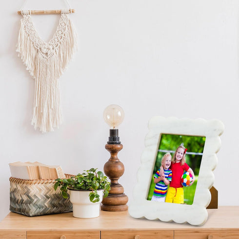 Home(5 7 Inches) Yalikop Scalloped Marble Picture Frame Display Photos Tabletop Display White Frame Home Picture