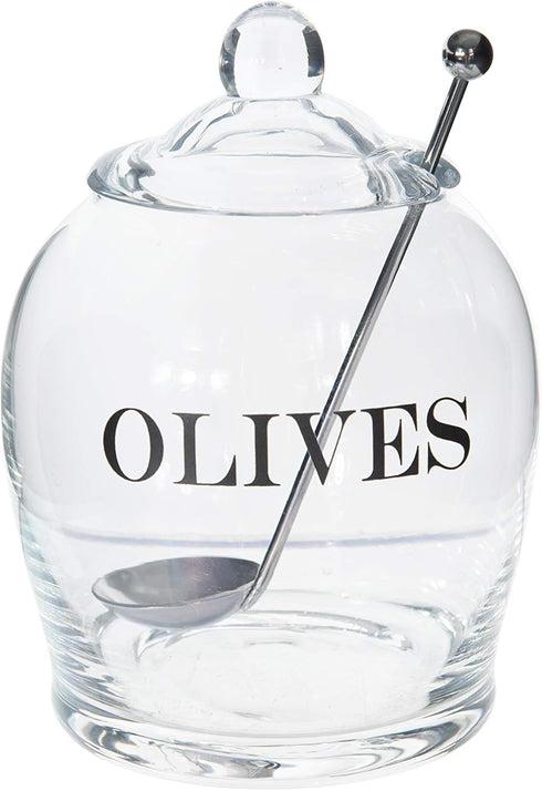 Creative Co-Op Clear Glass "OLIVE" Jar with Lid & Slotted Stainless Steel Spoon – Set of 3 Pieces