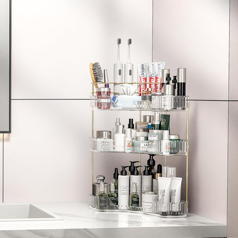 Countertop 3 Countertop Makeup Organizer Tier, Corner Bathroom Organizer with Toothbrush and Makeup Brush Holder