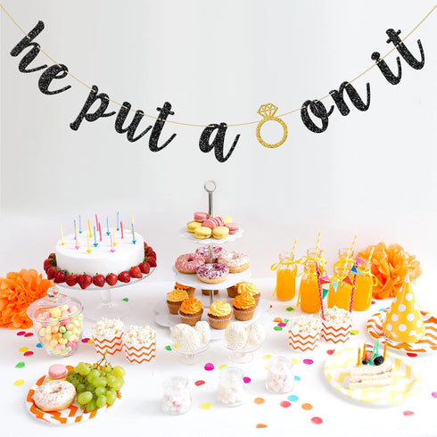 He Put A Ring On It Banner, Black Glitter Engagement Party Decoration Sign for Wedding & Bridal Showers