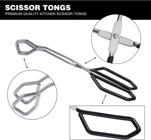 MSY BIGSUNNY Heavy Duty Cooking Tongs, Scissor Tongs with Soft Handles, Stainless Steel, Black 11"