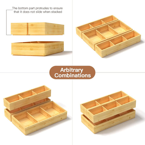 Bamboo Drawer Organizer Box, 12.5'' X 12.5'' X 2'', Adjustable 3 Individual Storage Containers for Kitchen